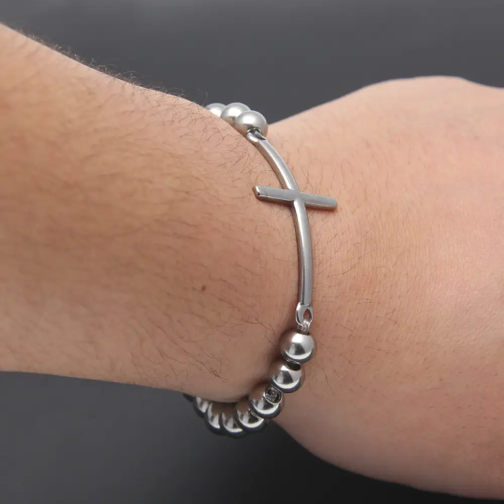 Stainless Steel Bead Bracelet with Cross Pendant - Image 3