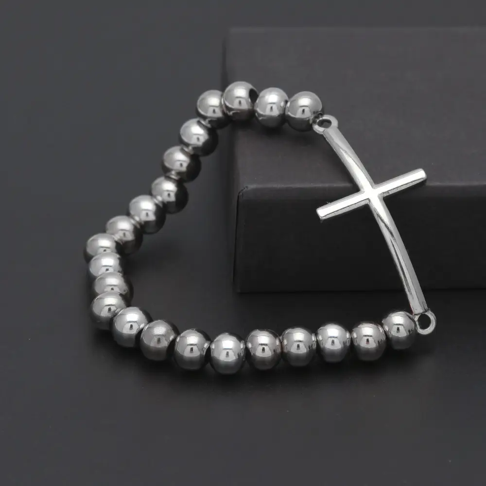 Stainless Steel Bead Bracelet with Cross Pendant - Image 4