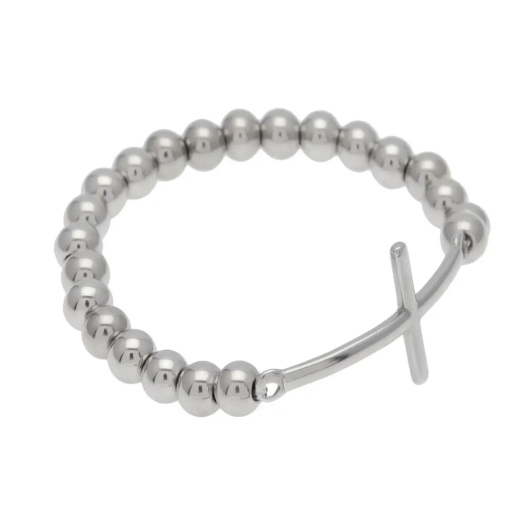 Stainless Steel Bead Bracelet with Cross Pendant - Image 6