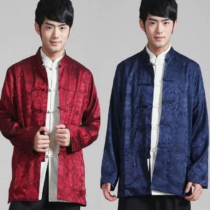 Men's Red Silk Satin Chinese Tang Suit Long Sleeve - Image 2