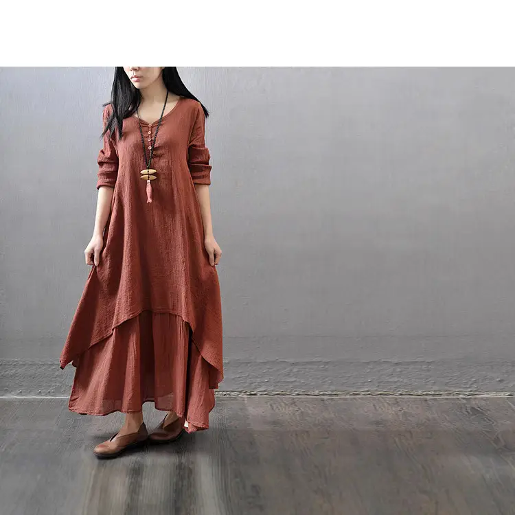Cotton Long Sleeve Dress Plus Size Brown - Image 8