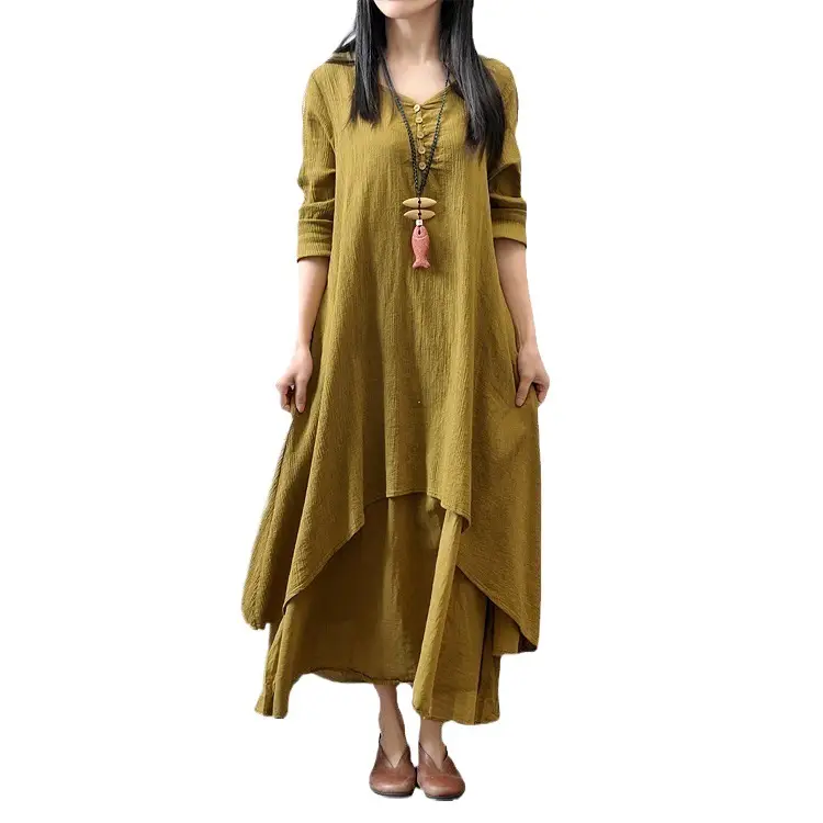 Cotton Long Sleeve Dress Plus Size Brown - Image 9