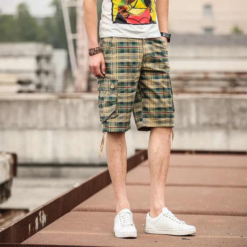 Men Plaid Cargo Shorts Mid Length Beach Wear - Image 5