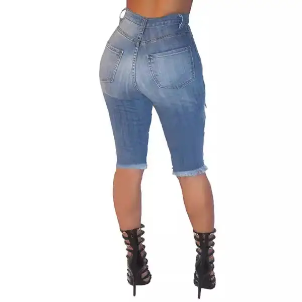 Hole Stretch Denim Shorts for Women High Heel Boots - Image 4