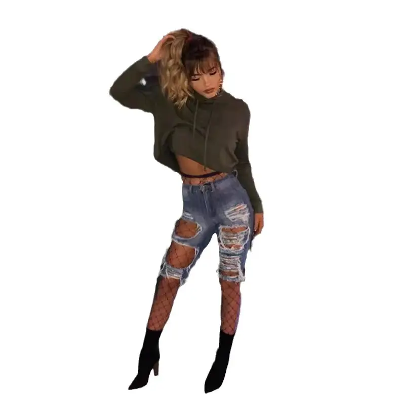 Hole Stretch Denim Shorts for Women High Heel Boots - Image 5