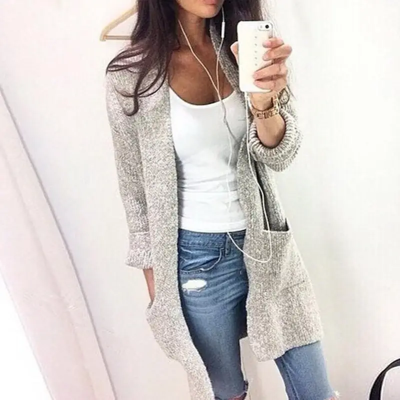 Grey Long Sleeve Knit Cardigan for Women - Image 4