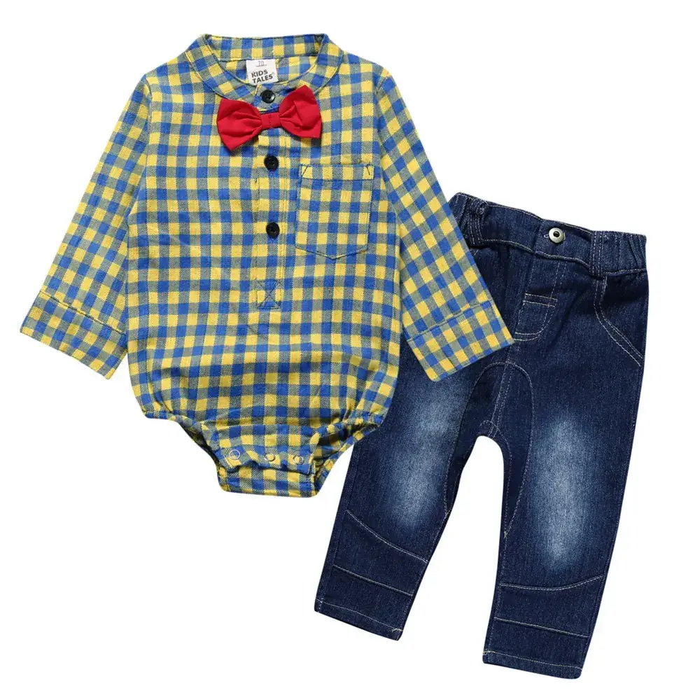 Baby Plaid Bow Suit Blue Yellow Jeans Set