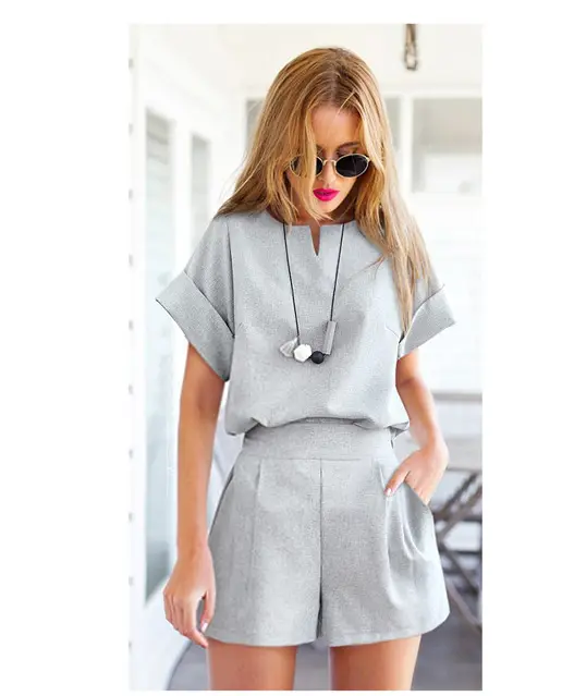 Women 2-Piece Summer Set Navy Blue Short Sleeve Top Shorts Large - Image 2