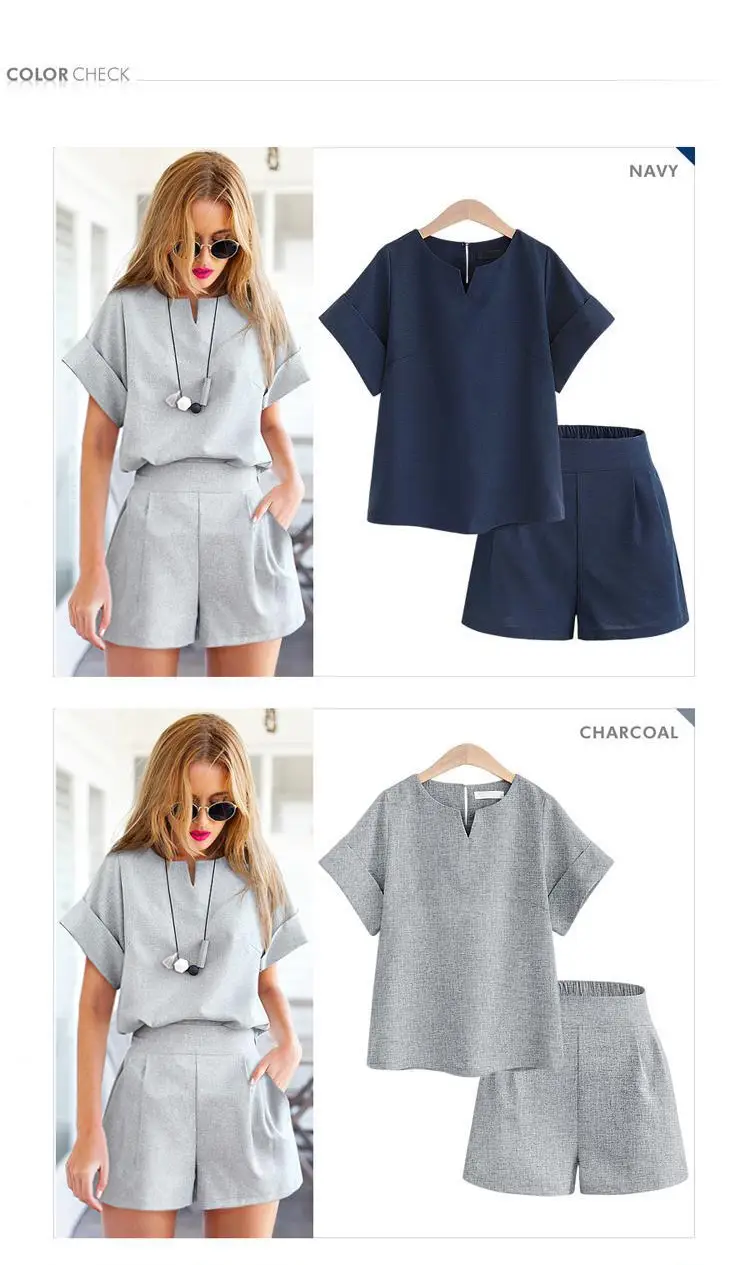 Women 2-Piece Summer Set Navy Blue Short Sleeve Top Shorts Large — feature 3