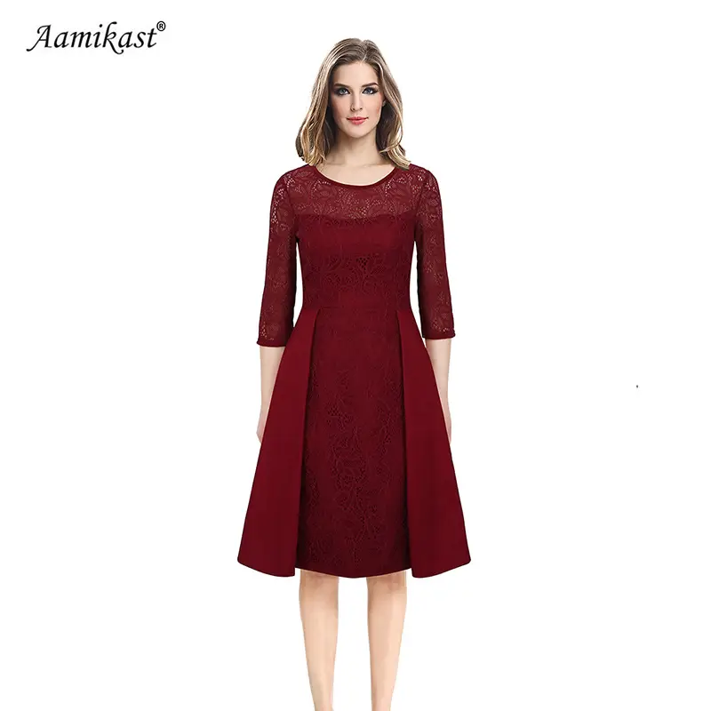 Blue Lace Mid-Sleeve Dress for Women - Image 5