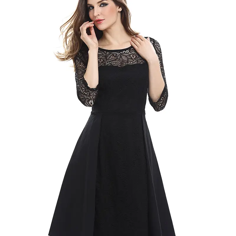 Blue Lace Mid-Sleeve Dress for Women - Image 7