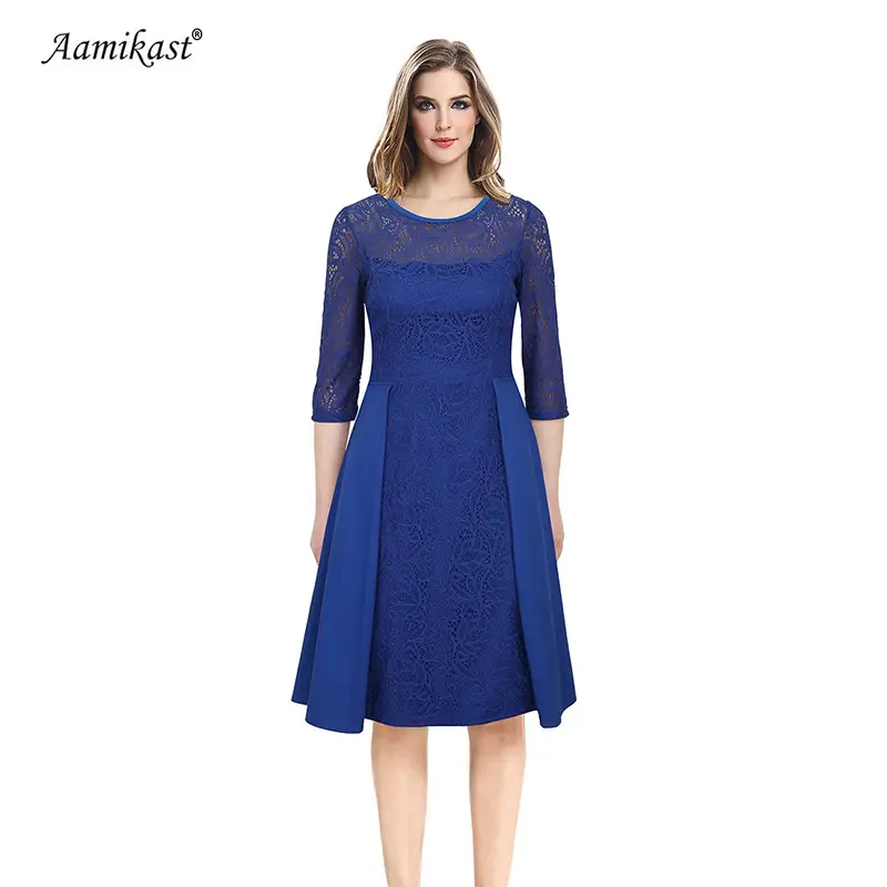 Blue Lace Mid-Sleeve Dress for Women - Image 3