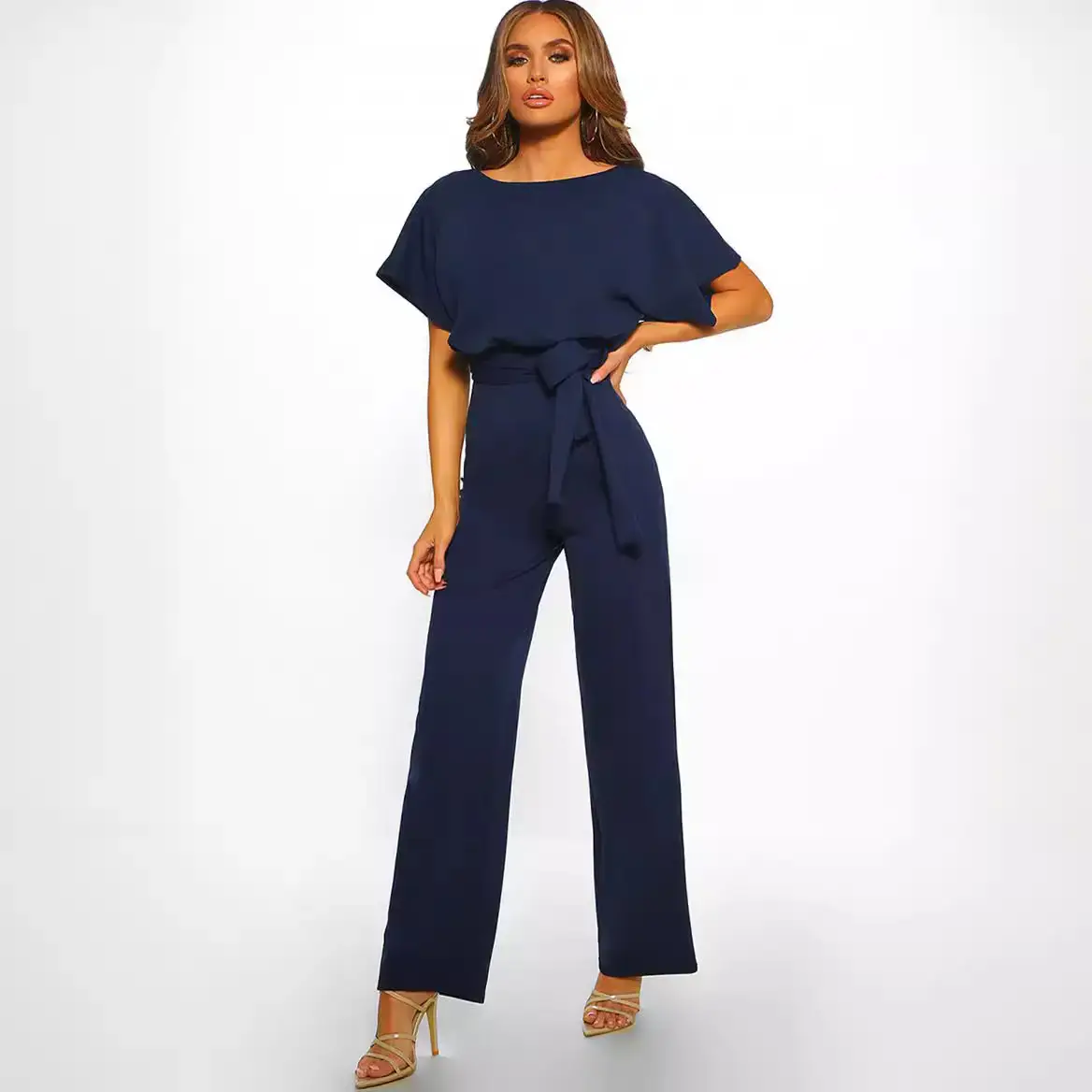 Women's Beige Button-Up Jumpsuit Set with Tie Waist - Image 9