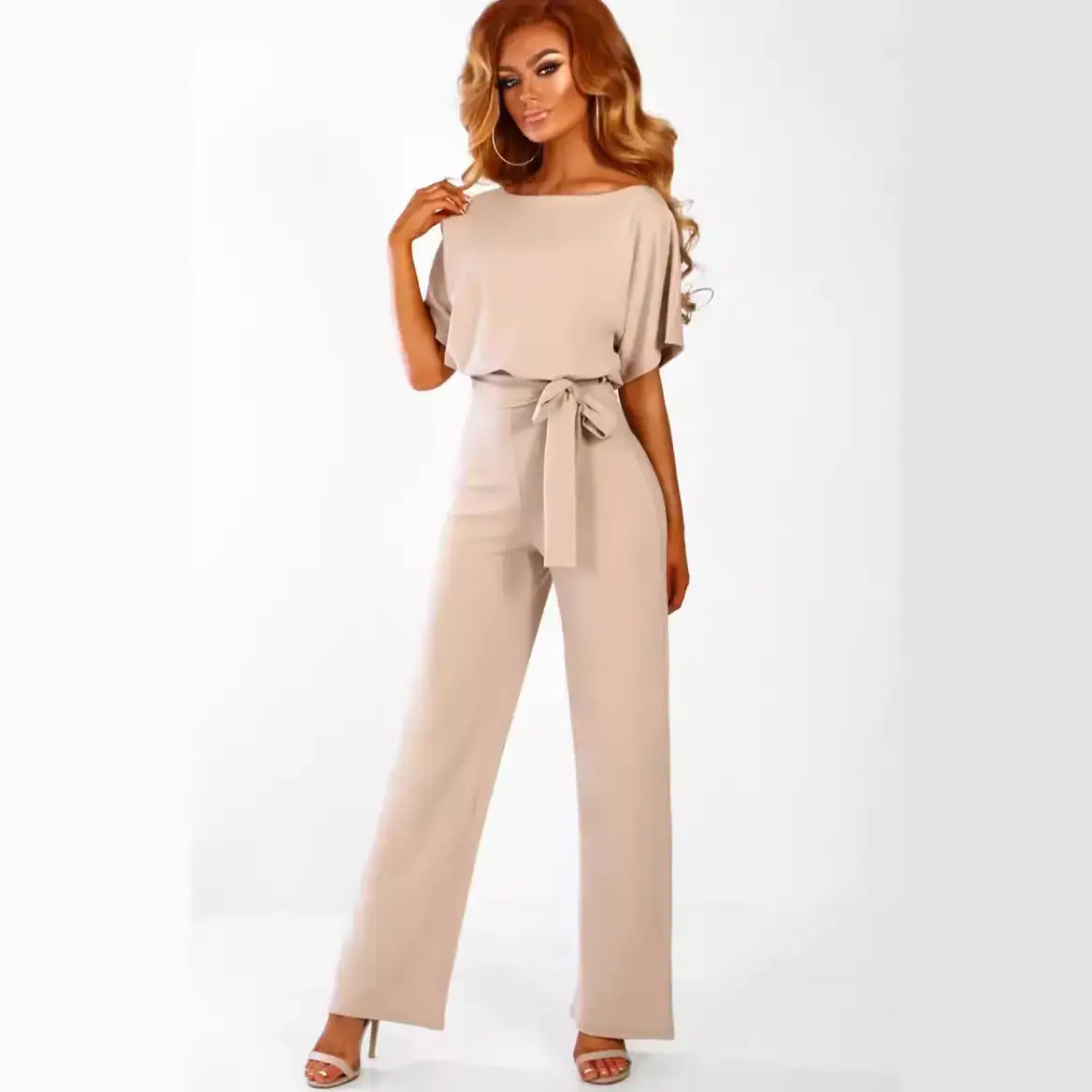 Women's Beige Button-Up Jumpsuit Set with Tie Waist - Image 10