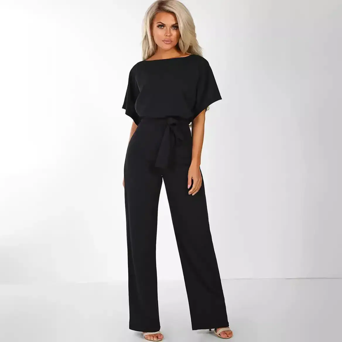 Women's Beige Button-Up Jumpsuit Set with Tie Waist - Image 11
