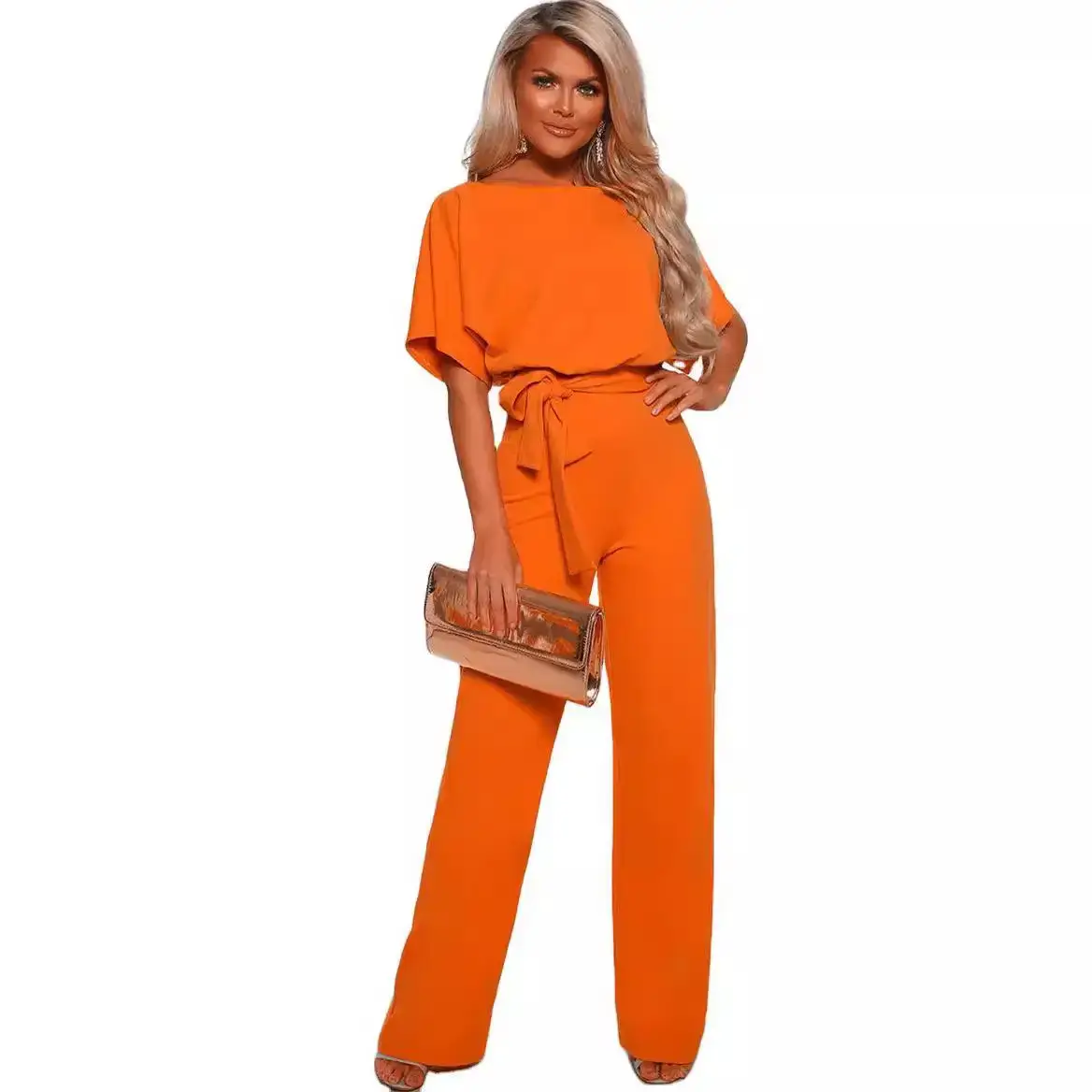 Women's Beige Button-Up Jumpsuit Set with Tie Waist - Image 12