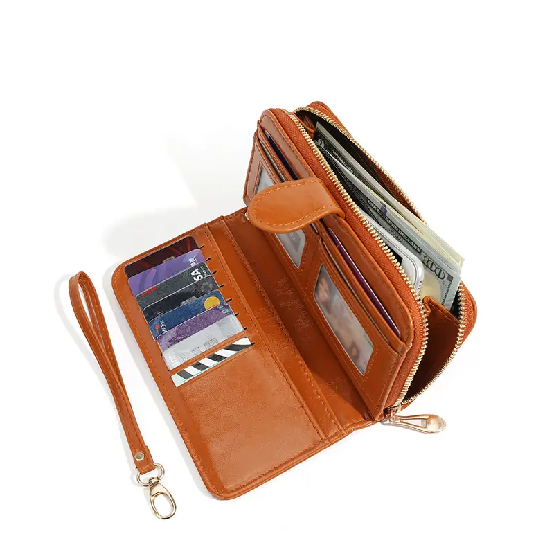 Popular Women's Wallet 2026 New Zipper Oil Wax Leather Wallet with Clasp Phone Bag Oil Leather New Pu Clutch Bag