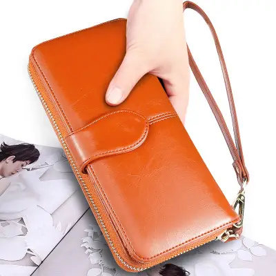Popular Women's Wallet 2026 New Zipper Oil Wax Leather Wallet with Clasp Phone Bag Oil Leather New Pu Clutch Bag