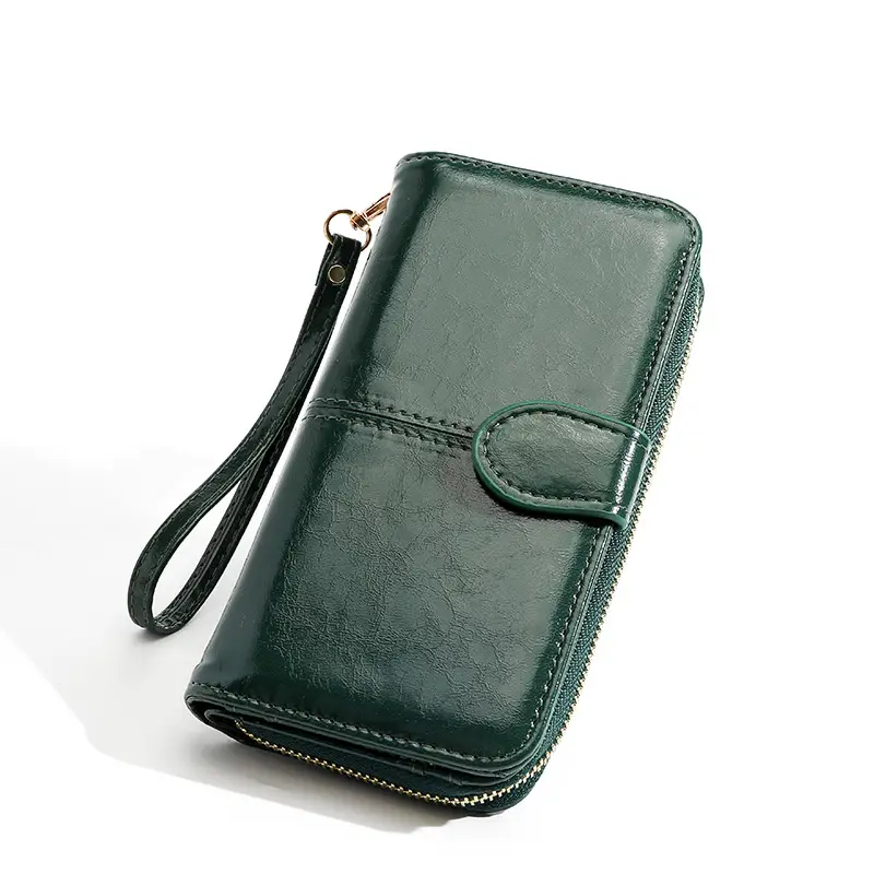 Popular Women's Wallet 2026 New Zipper Oil Wax Leather Wallet with Clasp Phone Bag Oil Leather New Pu Clutch Bag
