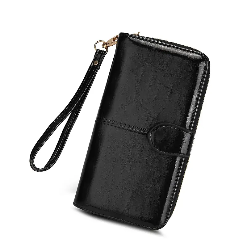Popular Women's Wallet 2026 New Zipper Oil Wax Leather Wallet with Clasp Phone Bag Oil Leather New Pu Clutch Bag