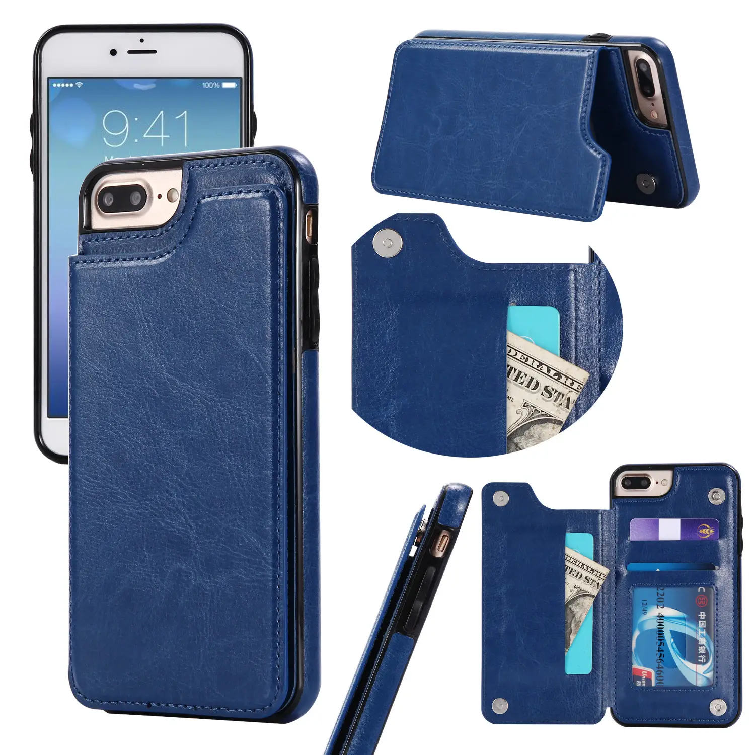 Blue Leather 3-D Crazy Horse Mobile Phone Case with Card Holder - Image 3