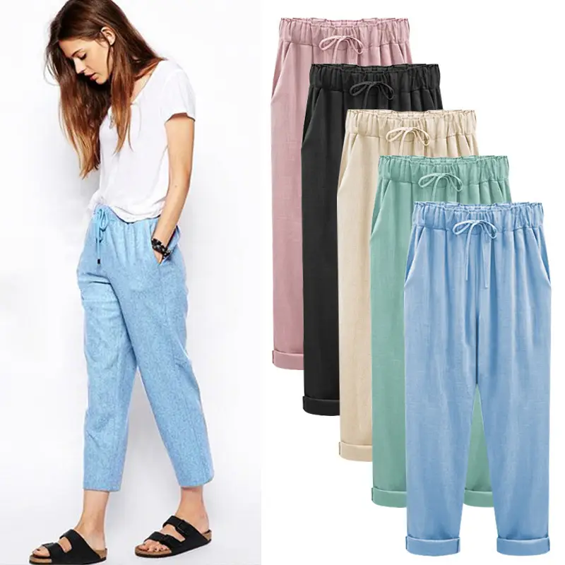 Women Cotton Linen Pants Pink Large Plus Size - Image 12