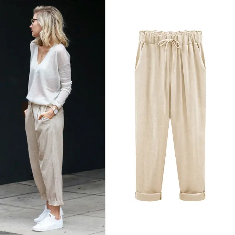 Women Cotton Linen Pants Pink Large Plus Size - Image 13