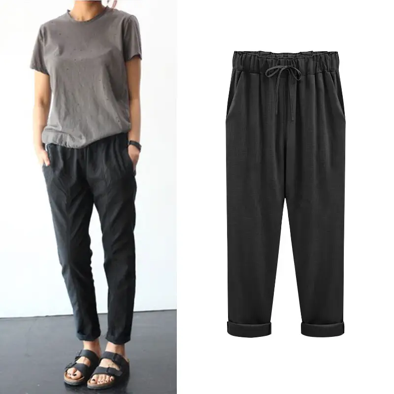 Women Cotton Linen Pants Pink Large Plus Size - Image 14