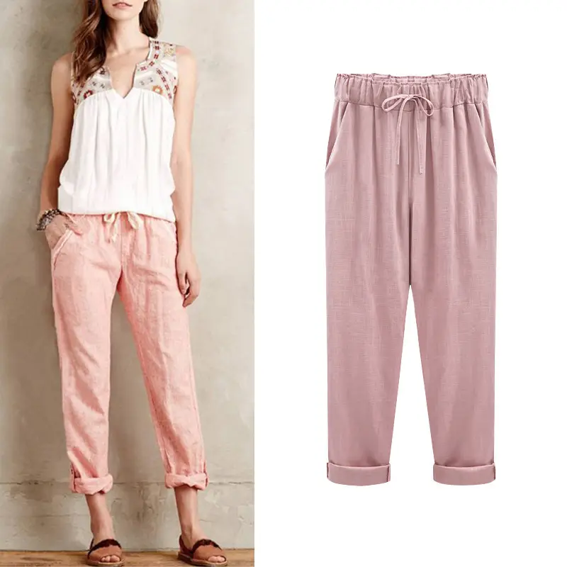 Women Cotton Linen Pants Pink Large Plus Size - Image 15