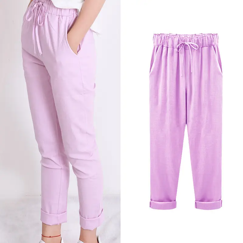 Women Cotton Linen Pants Pink Large Plus Size — feature 10