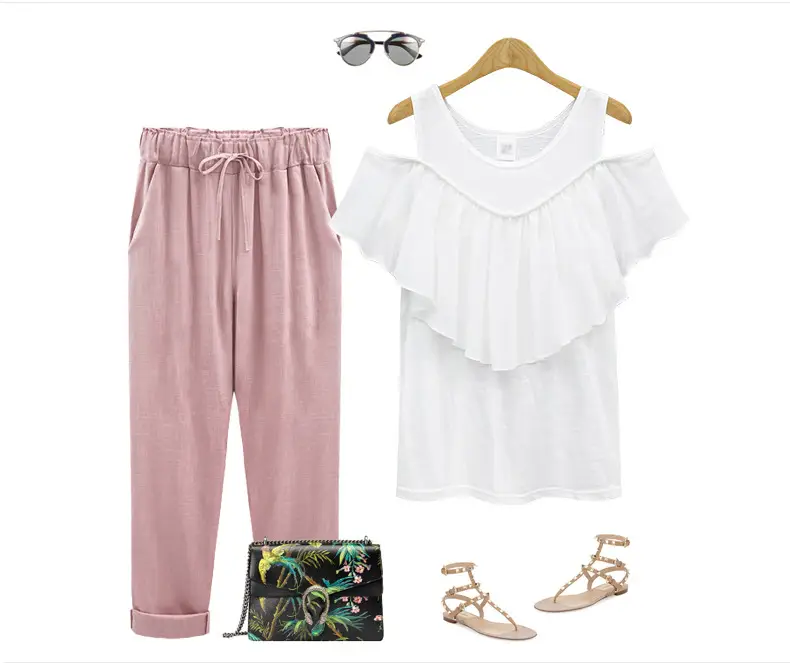 Women Cotton Linen Pants Pink Large Plus Size — feature 13