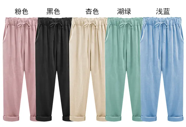 Women Cotton Linen Pants Pink Large Plus Size — feature 2