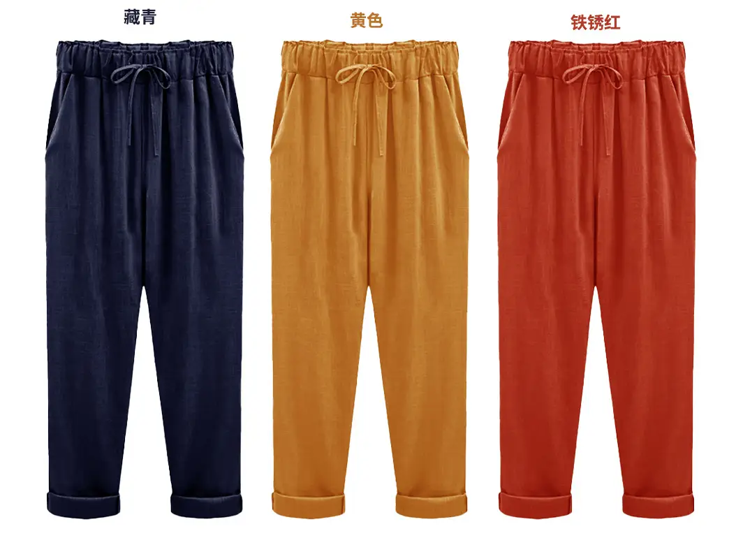 Women Cotton Linen Pants Pink Large Plus Size — feature 3