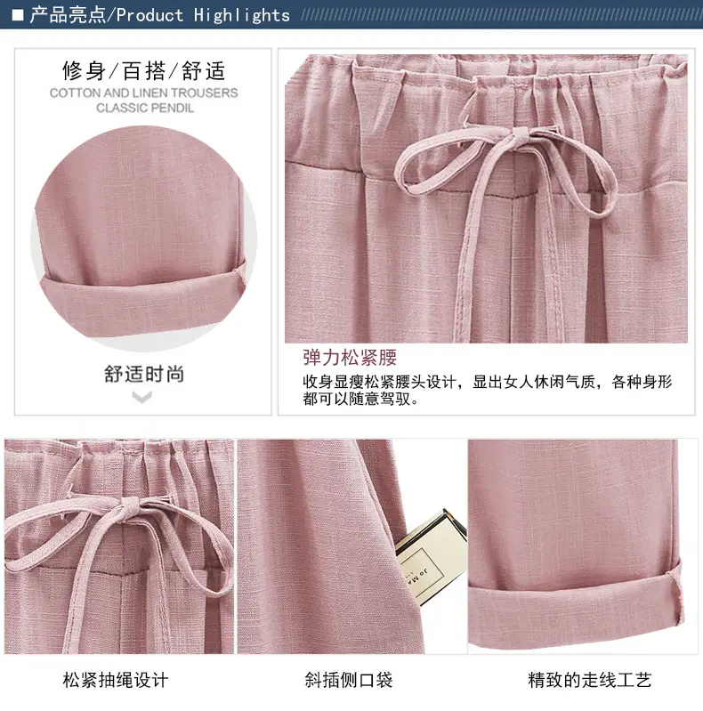 Women Cotton Linen Pants Pink Large Plus Size — feature 6