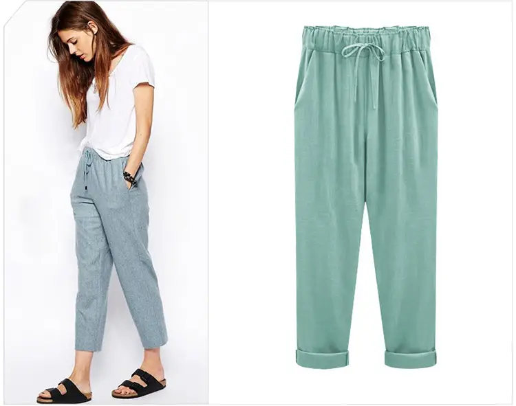 Women Cotton Linen Pants Pink Large Plus Size — feature 7