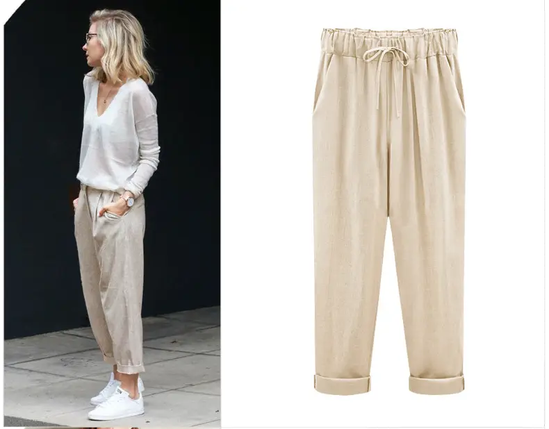 Women Cotton Linen Pants Pink Large Plus Size — feature 9