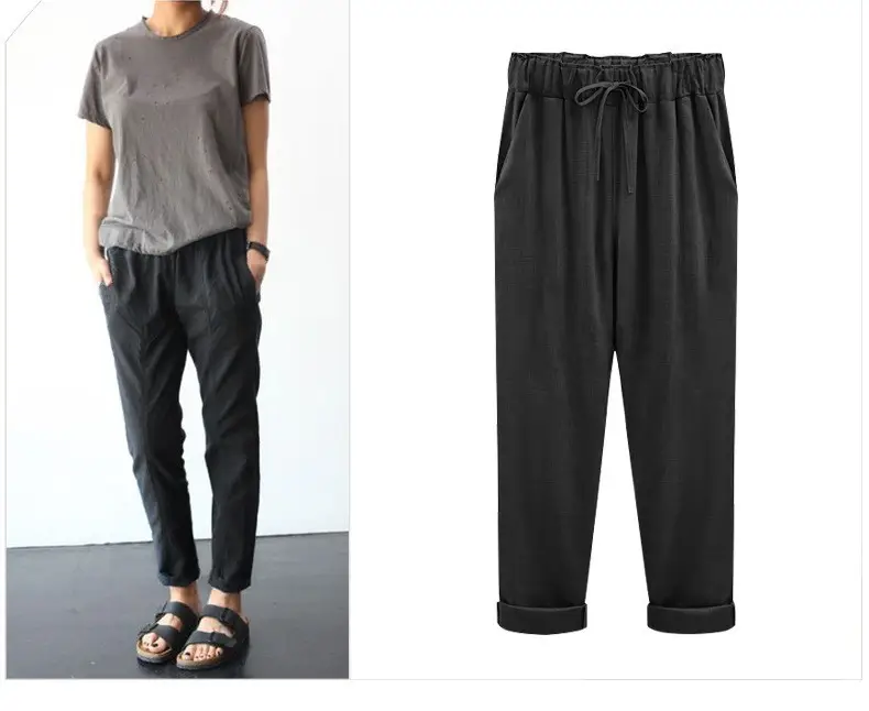 Women Cotton Linen Pants Pink Large Plus Size - Image 9