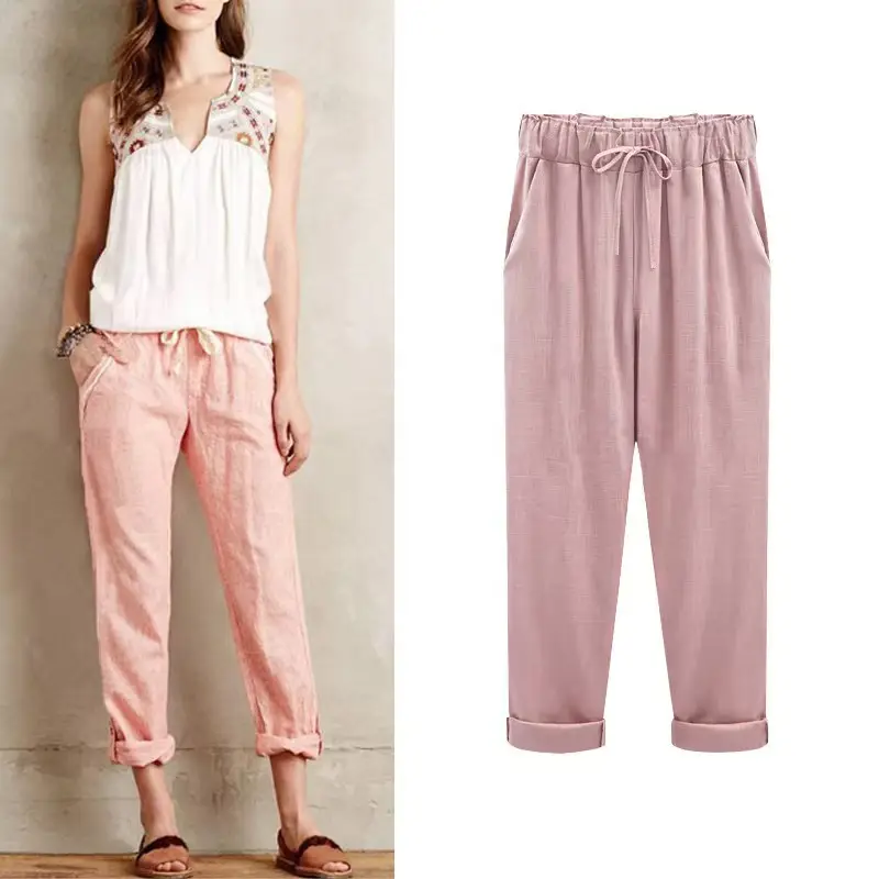 Women Cotton Linen Pants Pink Large Plus Size - Image 2