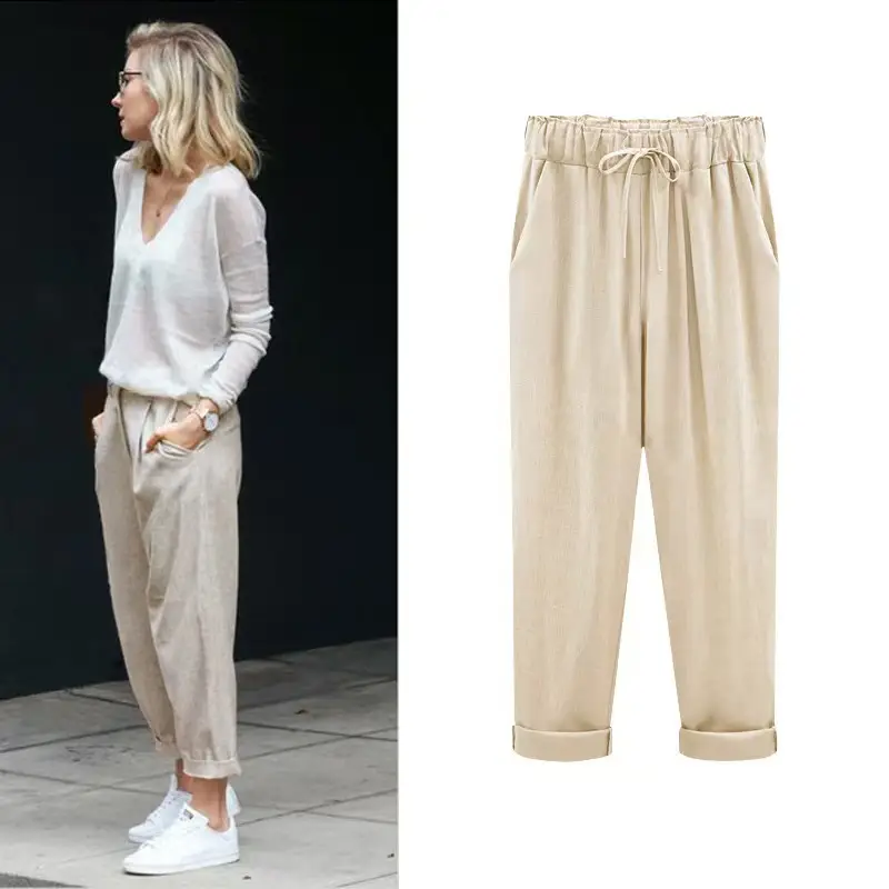 Women Cotton Linen Pants Pink Large Plus Size - Image 3