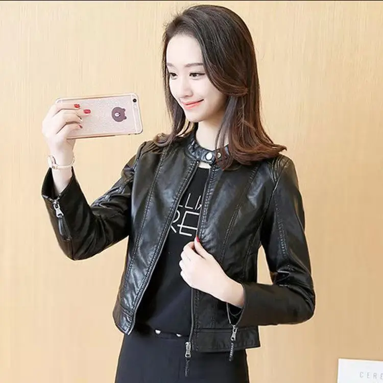 2024 Korean Style Black Leather Jacket Women Large - Image 3