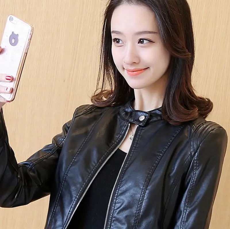 2024 Korean Style Black Leather Jacket Women Large - Image 4