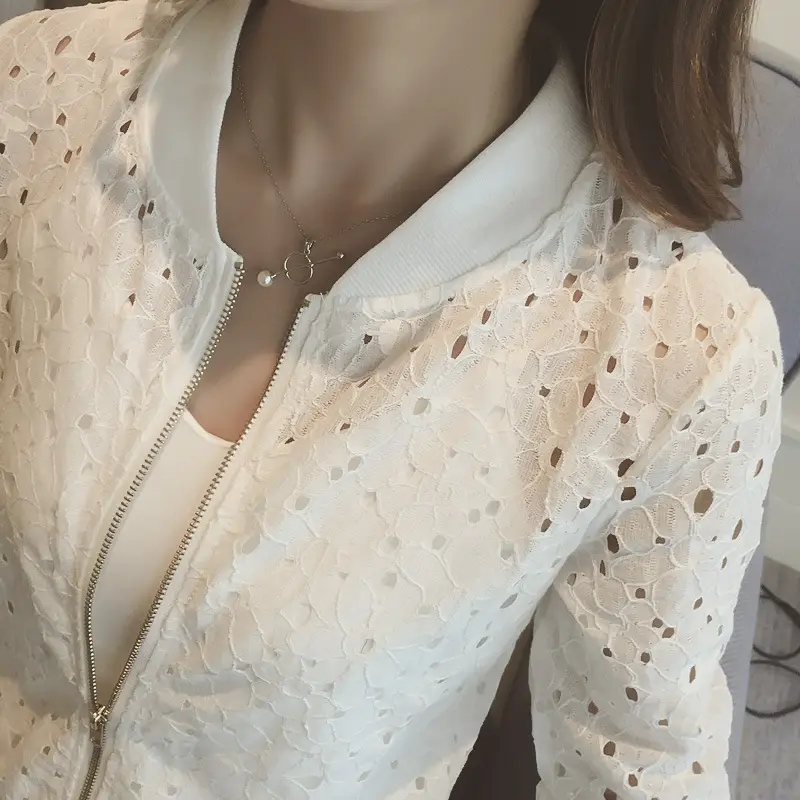 Women's Black Lace Long Sleeve Summer Jacket with Zipper Back