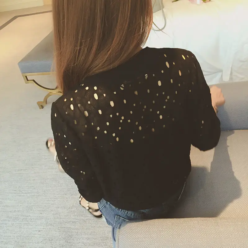 Women's Black Lace Long Sleeve Summer Jacket with Zipper Back