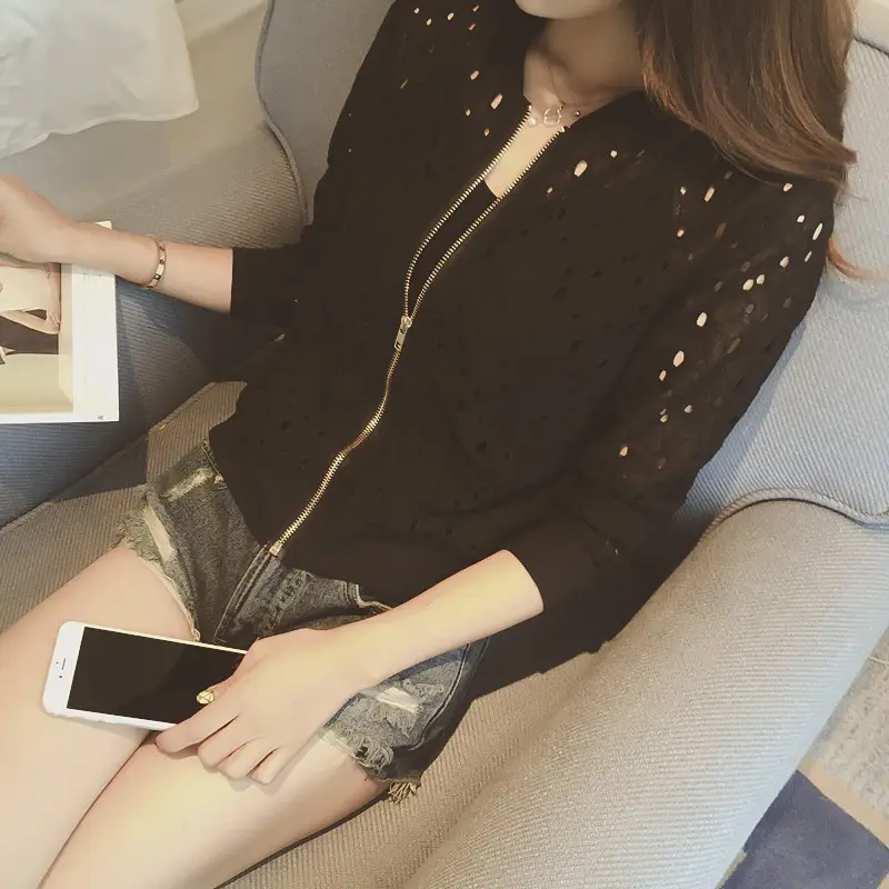 Women's Black Lace Long Sleeve Summer Jacket with Zipper Back