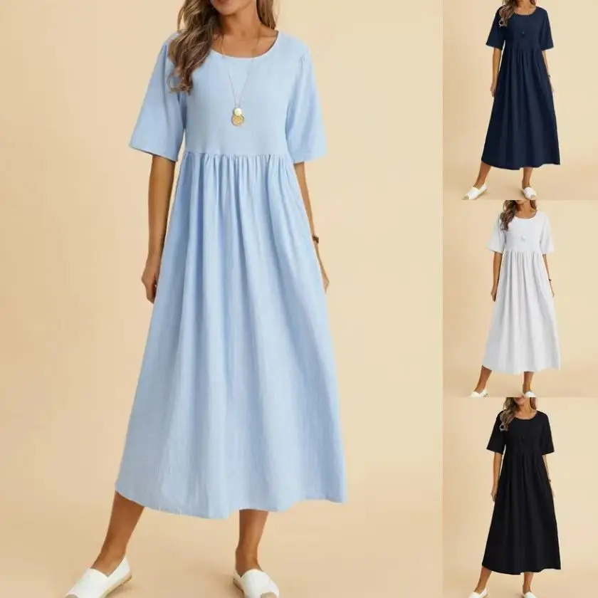2025 Women's Navy Blue Loose Cotton Linen Dress Medium Length