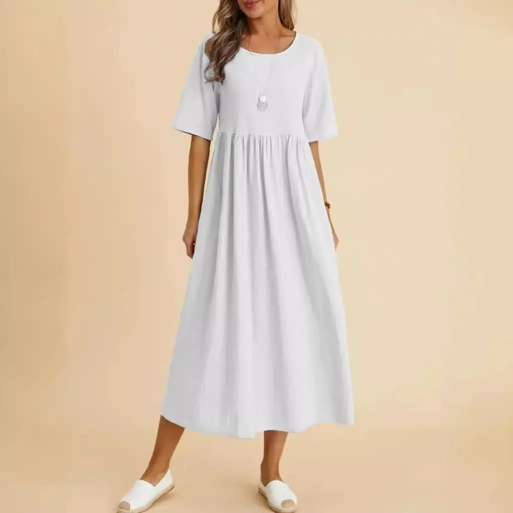 2025 Women's Navy Blue Loose Cotton Linen Dress Medium Length - Image 6