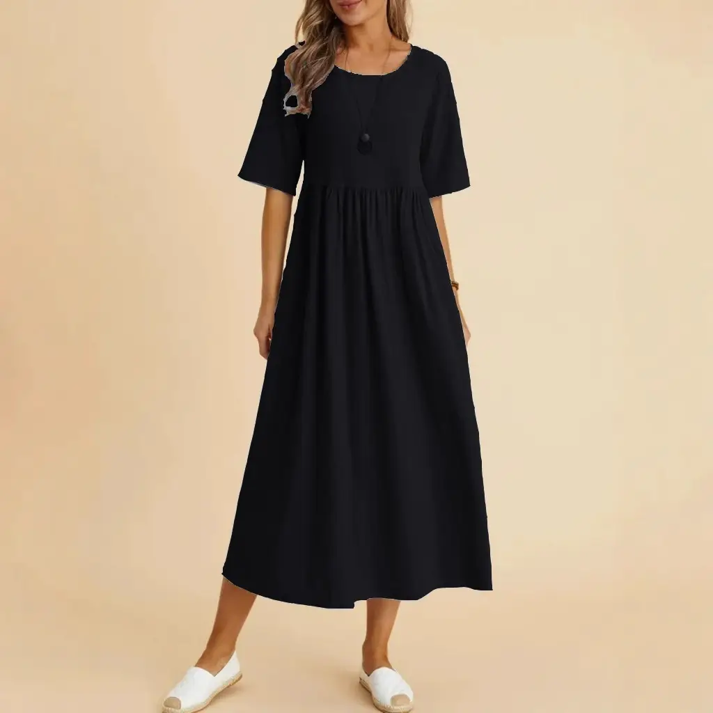 2025 Women's Navy Blue Loose Cotton Linen Dress Medium Length - Image 7