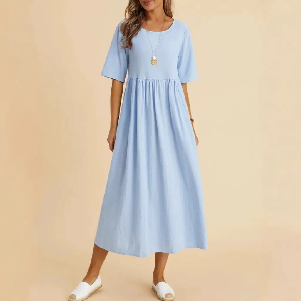 2025 Women's Navy Blue Loose Cotton Linen Dress Medium Length - Image 8