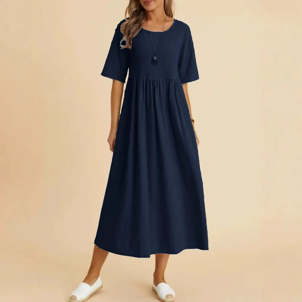 2025 Women's Navy Blue Loose Cotton Linen Dress Medium Length - Image 9