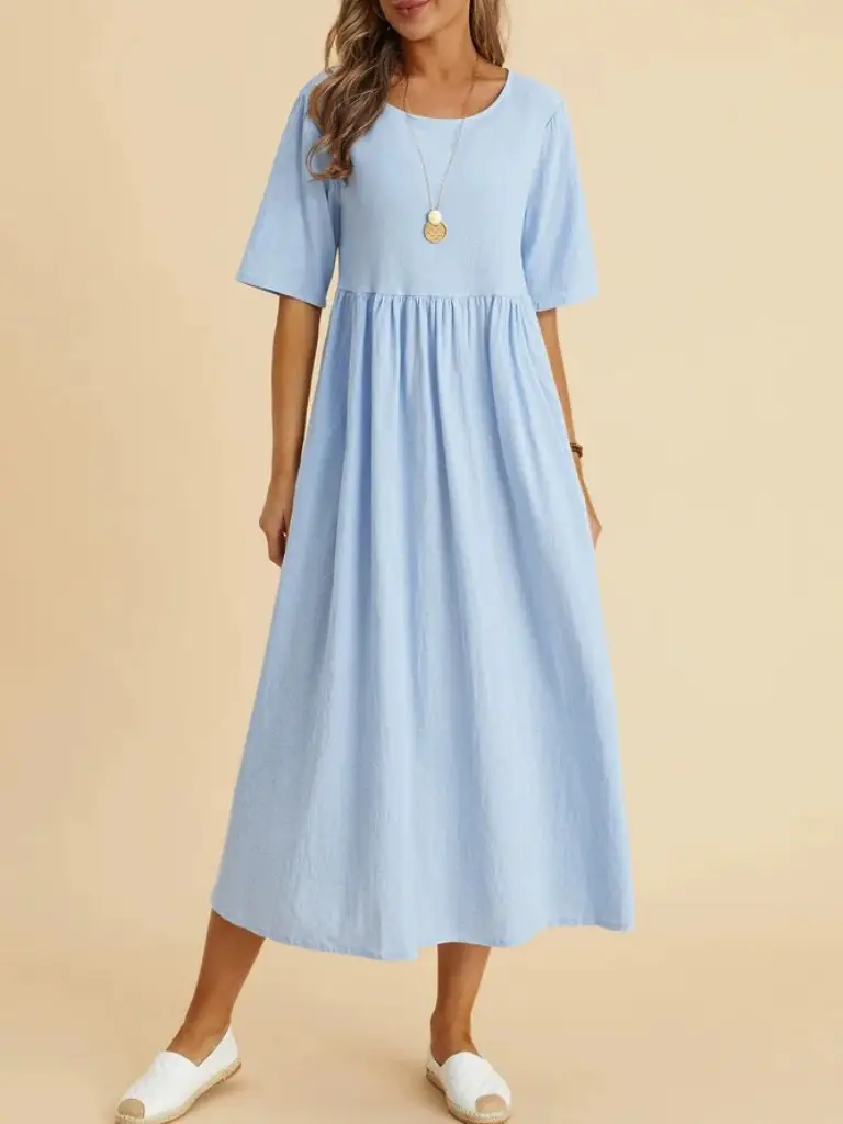 2025 Women's Navy Blue Loose Cotton Linen Dress Medium Length - Image 3